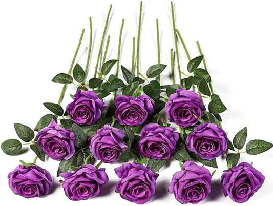 Kisflower 12Pcs Roses Artificial Flowers Purple Flowers Realistic Single Stem Flowers Silk Rose Bouquet for Wedding Party Office Home Decor (Purple)