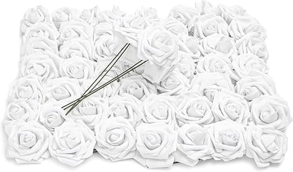 Bright Creations Bright White Roses Artificial Rose Flowers for Wedding Bouquet & Bridal Shower DIY Party Decor - 3 Inch Head, 9 Inch Stem, 60 Pack