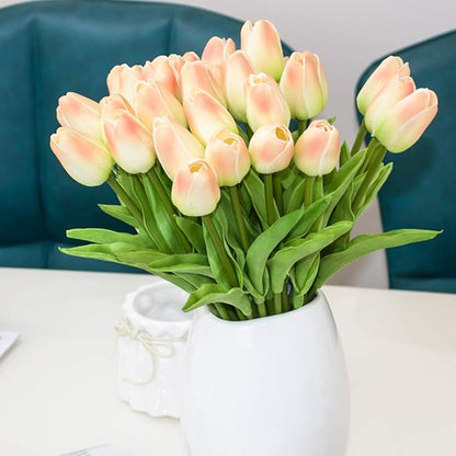30pcs Artificial Tulips Flowers Real Touch Champagne Tulips Fake Holland PU Tulip Bouquet Latex Flowers for Wedding Party Office Home Kitchen Decoration (Champagne)