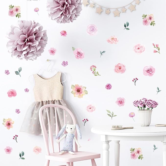 AOWDIAO 60 Pcs Flower Peel and Stick Wall Decals Watercolor Vinyl Peony Floral and Leaves Wall Stickers Pastel Flower Decor for Girls Bedroom Nursery Classroom Living Room