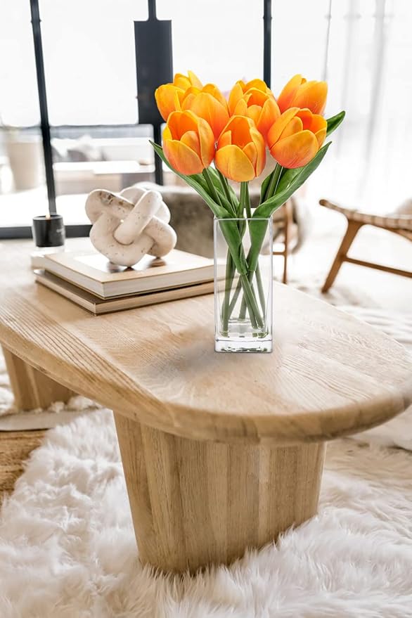 Briful Fake Flowers Artificial Tulip Flower Orange in Clear Vase, Real Touch Foam Tulip Arrangement Suitable for Home Office Decoration, Dining Table Centerpiece