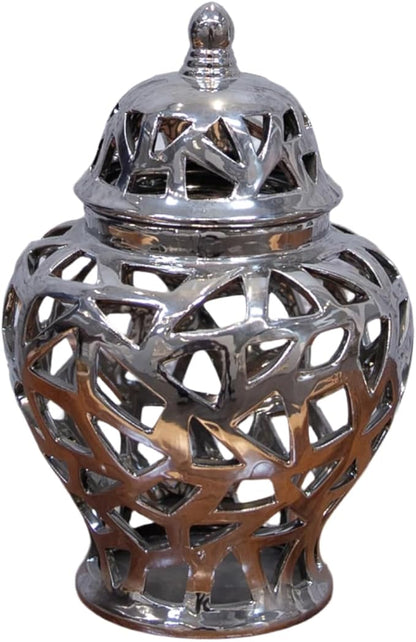 Urban Trends 21285 Ceramic Urn Vase with Cutout Triangle Design, Silver