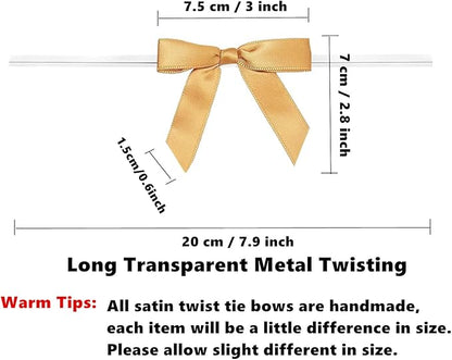 50 Pieces 3 inch Satin Ribbon Twist Tie Bows, Gold Pretied Bows with Twist Ties, Twist Bows Treats Bags, Bow Ties for Treats, Cake Pops, Baby Shower, Crafts, Gift Wrapping Favors, Cookies