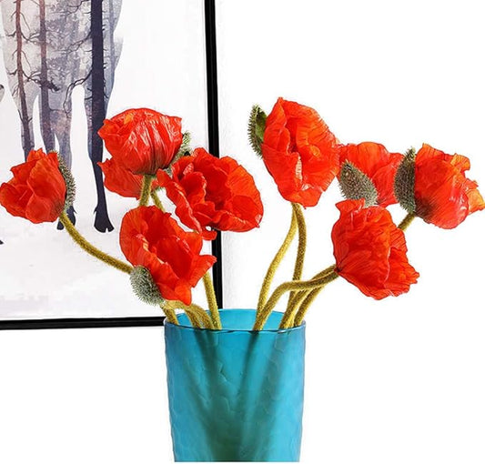5 Pcs Artificial French Corn Poppy Silk Poppy Flocking Long Stem Flowers Home Wedding Party Decor 25" High No Vase Sunset Orange