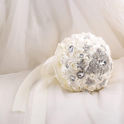 Handmade Brooch Wedding Flowers Bridal Bouquets Crystal Bride Holding Bouquet White Ivory Satin Roses with Diamond Pearl Ribbon (Luxury-White)