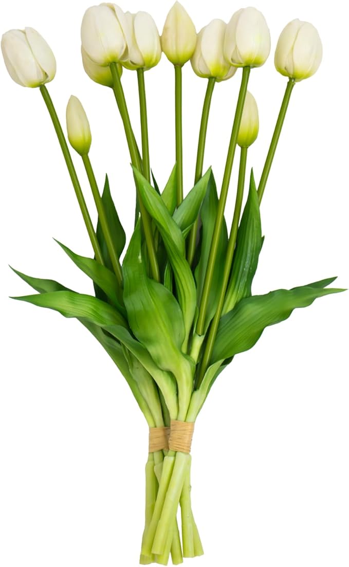 10 Pack Real Touch Tulips Artificial Flowers, 15.7 Inch Bendable Latex Tulips - No Maintenance Faux Flowers for Vase, Home Decor, Wedding Centerpiece (White)