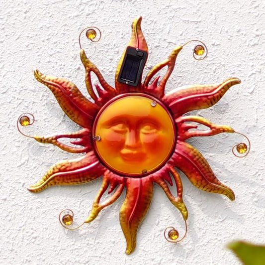 18" Solar Sun Face Wall Art - Metal Sun Sculpture with LED Lights & Smiling Face, Outdoor Wall Hanging Decorations (Gold)