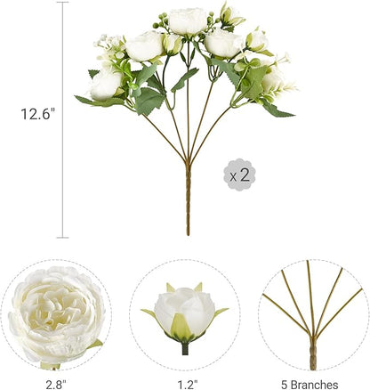 Mkono Peonies Artificial Flowers, Small Silk Flowers for Home Decor Indoor Fake Bouquet Faux Floral Arrangements Dining Table Centerpieces for Kitchen Bridal Wedding Party Decor White