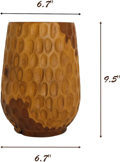 Teak Wooden Handcrafted Vase 6.7" x 6.7" x 9.5"H Natural Wood Pot Handmade Rustic Flower Holder for Entry Table Brown Stain Vintage Artworks Planter for Living Room Home Christmas Décor