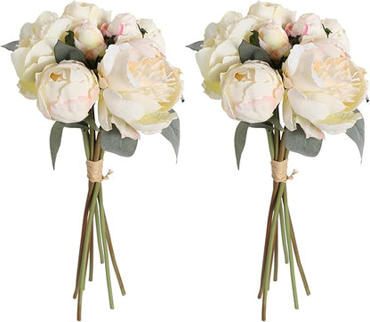 White Artificial Peonies 2 Bouquets Silk Flowers 14Heads Vintage White Fake Flowers Faux Peony Flowers for Flower Arrangements Artificial Centerpiece Home Table Dining Room Decor (Ivory White)