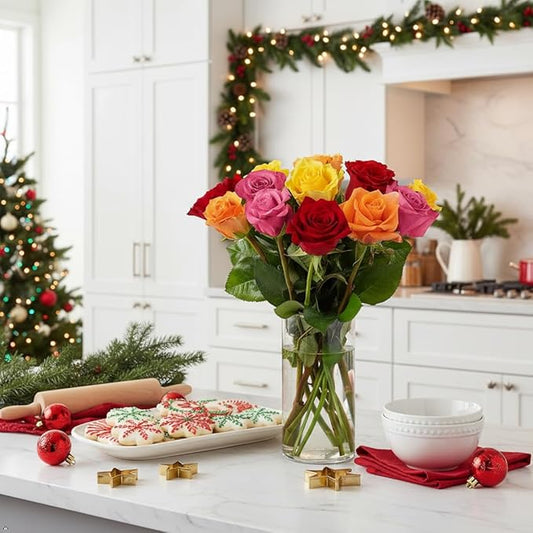 Benchmark Bouquets - 12 Stem Premium Rainbow Roses (Glass Vase Included) - Fresh Flowers for Next Day Delivery - Gift for Christmas, Birthday, Anniversary, Sympathy, Get Well, Congratulations