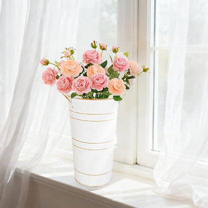 10" Tall Flower Buckets Metal Vase - Pack of 10 Rustic Farmhouse Centerpiece Vases for Table with Handles, Wedding Home Table Decor, Farmhouse White Flower Bar Bucket Holder