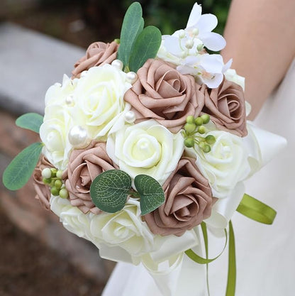 Lightweight Bridal Wedding Bouquet Round Holding Bouquet Throw Toss Artificial Rose Flower Bunch for Bride Bridesmaid Wedding Quinceanera (Cream & Rosy Brown, 7.9")