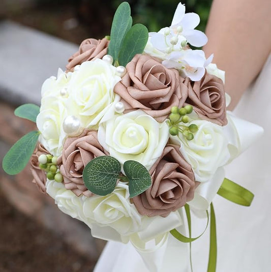 Lightweight Bridal Wedding Bouquet Round Holding Bouquet Throw Toss Artificial Rose Flower Bunch for Bride Bridesmaid Wedding Quinceanera (Cream & Rosy Brown, 7.9")