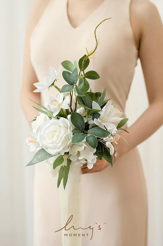 Ling's moment Artificial Flowers White Bridesmaid Bouquet Set of 4, White & Sage Wedding Flowers Bouquets for Bridesmaids, 7 Inch Bridal Bouquets for Bridesmaids, Wedding, Ceremony, Anniversary, etc