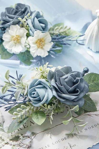 Serwalin 𝗦𝗲𝘁 𝗼𝗳 𝟮 Boutonniere for Men 𝟲-𝟳 𝗜𝗻𝗰𝗵 Corsage with Pins,Groom and Best Man Boutonnieres for Wedding Prom Ceremony Anniversary and Party Cake Topper(Dusty Blue)