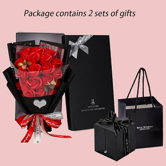 EIGHTOWN Roses Bouquet Artificial Flower - Preserved Red Rose Flowers with Love Necklace for Her - Unique Gifts Valentine's Day, Mother's Day, Thanksgiving, Birthday, Anniversary