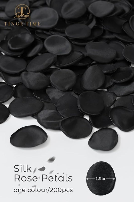 TINGE TIME 200pcs Rose Petals and Fake Roses Artificial Flowers for Wedding Decor, Bridal Shower, Party Decoration - Silk Flower Petals Bulk Pack (Black)