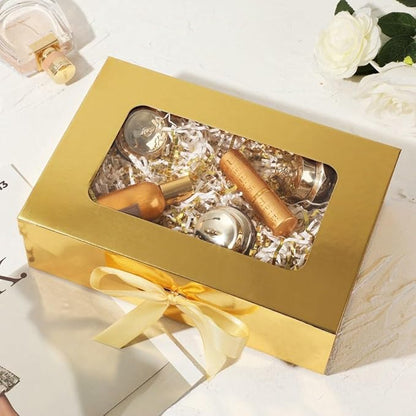 5 Pcs Gold Gift Box for Presents with Ribbon 10.8x7.5x3.5 Inches Clear Gift Box with Window Magnetic Closure Gift Boxes with Lids