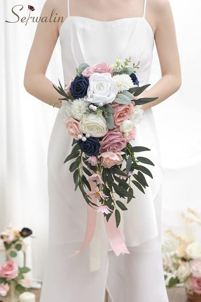 Serwalin 9.8 Inch Wedding Bouquets for Bride Bridesmaid, Pink Blue Rose Bridal Bouquets for Bride, Wedding Flowers Bouquet Tossing Bouquet, Wedding Ceremony and Anniversary Day Decor