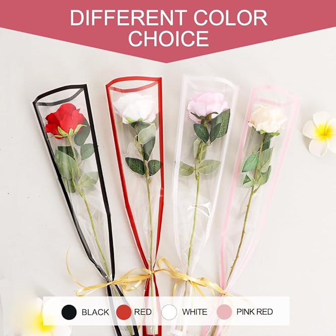 BEISHIDA 100 PCS Single Rose Sleeve Single Flower Wrapping Bags Single Rose Packaging Cellophane Flower Sleeves for Florist Bouquet Supplies, Mother's Day, Valentine's Day,Wedding Gift(Pink Edge)