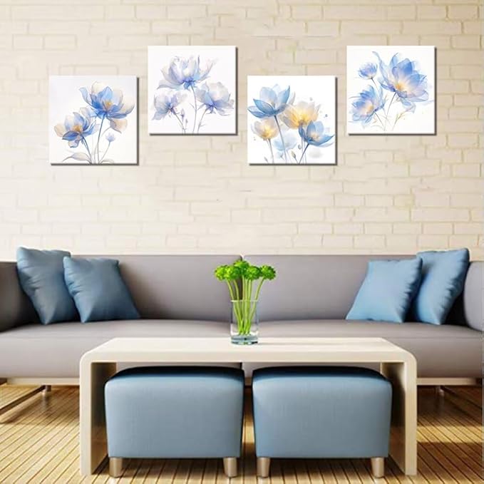 Pankila Blue Flickering Flower Abstract Canvas Wall Art Floral Poster Modern Flowers Pictures Wall Decor for Living Room Bedroom Bathroom Home Decorations Framed Artwork (20''W x 20''H x 4)