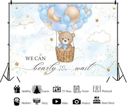 ChloropLastid We Can Bearly Wait Baby Photo Backdrop 8x6ft Baby Bear Blue Hot Air Balloon Background for Boys Balloons Clouds Stars Baby Shower Newborn Party Banner Decor Studio Prop Decor