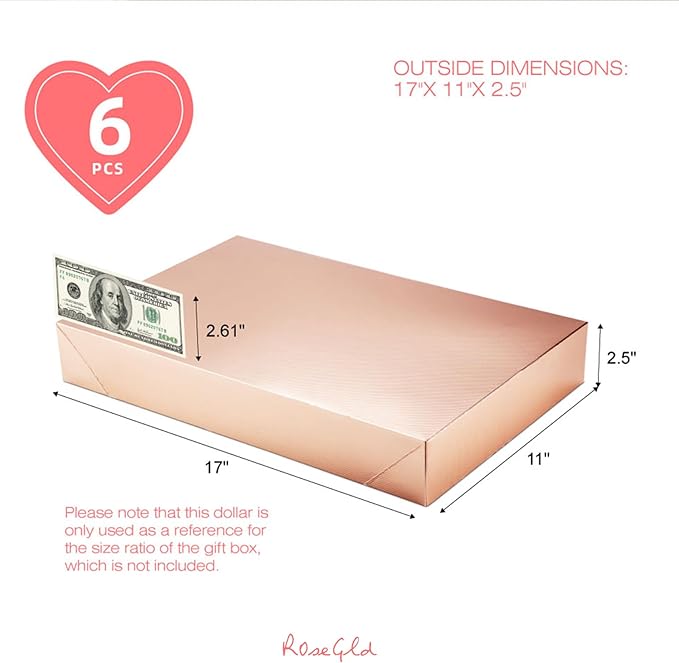 ROSEGLD 6 Extra Large Gift Boxes with Lids - 17x11x2.5 Inches, Rose Gold Gift Wrap Boxes with Grain Texture for Clothes & Apparel
