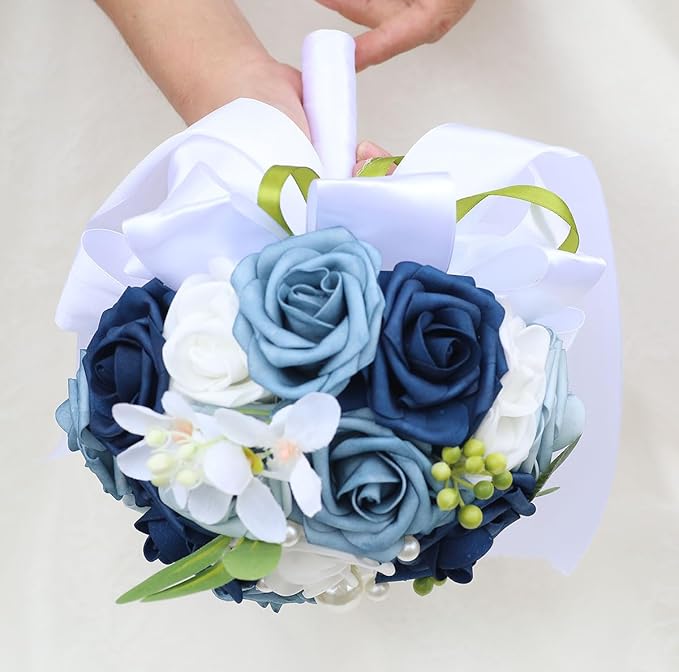 Lightweight Bridal Wedding Bouquet Round Holding Bouquet Throw Toss Artificial Rose Flower Bunch for Bride Bridesmaid Wedding Quinceanera (White & Shades of Blue, 6.7")