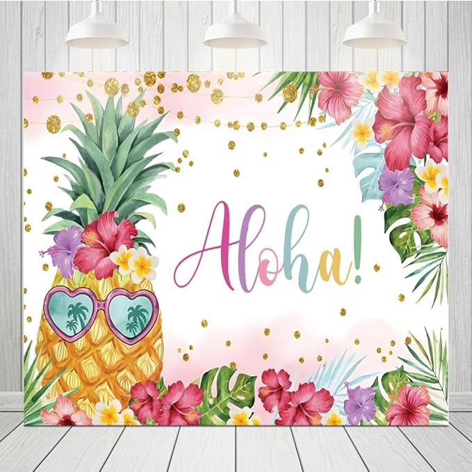Summer Aloha Luau Party Backdrop 10x8ft, Hawaiian Palm Leaves Floral Pineapple Banner Happy Birthday Photo Photography Supplies