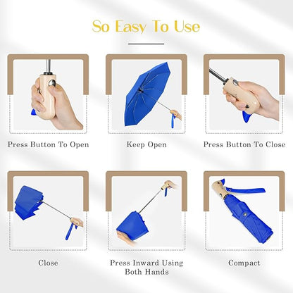 Cute Duck Umbrella Automatic - Compact Pretty Pocket Size Strong Duck Collapsible Umbrella Yellow Wooden Handle for Women