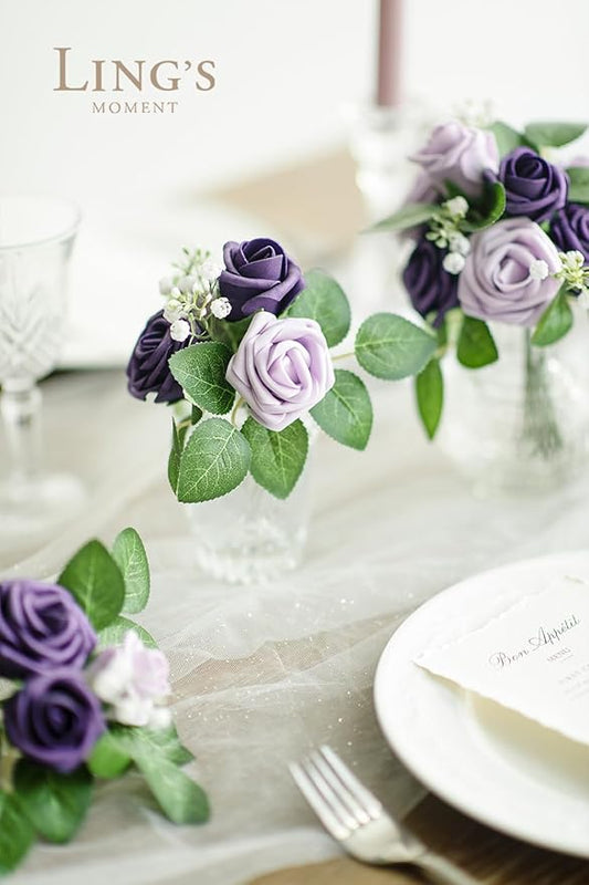 Ling's moment Artificial Wedding Flowers 1.5" Rose Buds and 2" Petite Roses 25pcs Lilac & Purple w/Stem for DIY Wedding Boutonniere Wrist Corsages Bouquets Centerpieces Arrangements