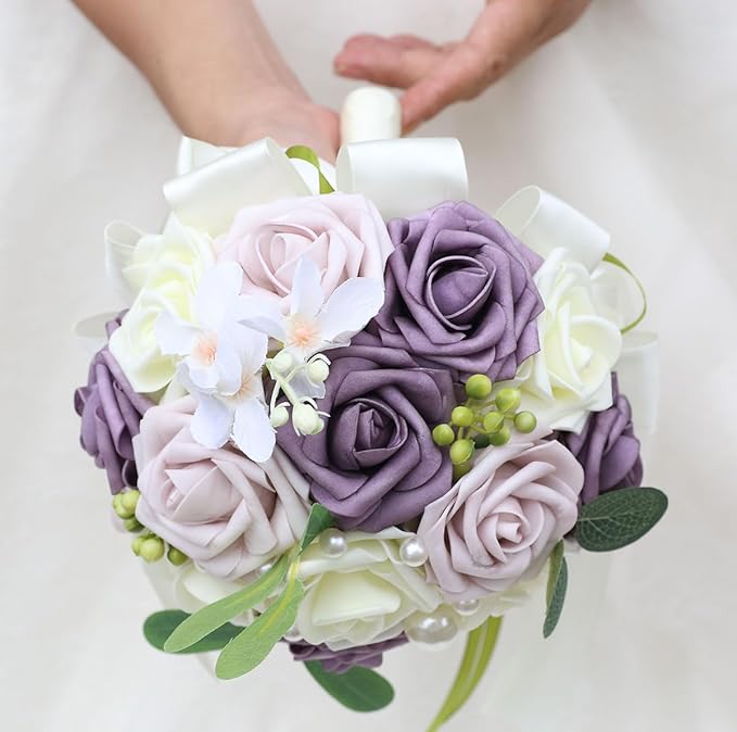 Lightweight Bridal Wedding Bouquet Round Holding Bouquet Throw Toss Artificial Rose Flower Bunch for Bride Bridesmaid Wedding Quinceanera (Cream, Deep Taro & Light Taro, 9.1")
