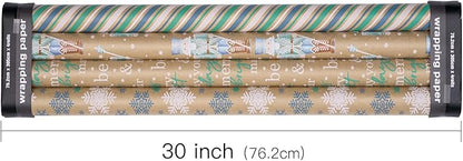 RUSPEPA Christmas Kraft Wrapping Paper - Nutcracker Soldier, Snowflake, Stripe and Text Design - 4 Rolls - 30 inches x 10 feet per Roll