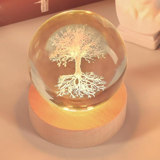 3.15In Tree of Life Crystal Ball Lamp with Wooden Base, 3D Crystal Ball Night Light, 16 Colors , Remote Controlled, Tree of Life Decor, Spiritual Gift for Women Christmas Gifts for Family Men Friends