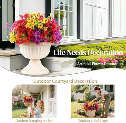 12 Bundles Artificial Flowers for Outdoor, UV Resistant Faux Mums with Eucalyptus Leaves Fake Plants for Outdoor Planters Greenery Boxwood Porch Patio Decoration