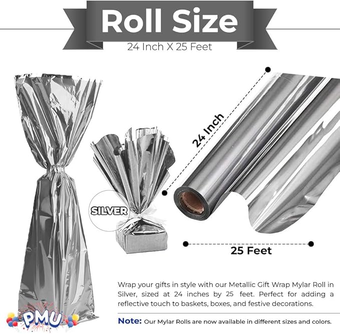PMU (2 Gift Wrap Mylar Roll Metallic Silver 2-sided, 24 Inches X 25 Ft Roll 1.4 Mil Highly Reflective Mylar Film, Great for Gifts, Birthdays, Christmas, Baskets, Arts & Crafts