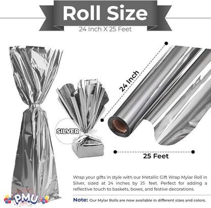 PMU (2 Gift Wrap Mylar Roll Metallic Silver 2-sided, 24 Inches X 25 Ft Roll 1.4 Mil Highly Reflective Mylar Film, Great for Gifts, Birthdays, Christmas, Baskets, Arts & Crafts