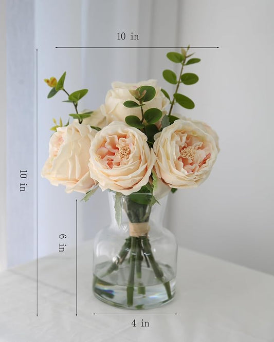Lifelike Artificial Champagne Roses in Vase - Eternal Table Centerpiece for Dining Room & Kitchen Decor - Faux Flower Arrangement with Realistic Petals