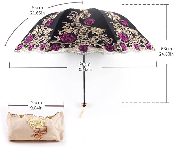 Katutude Vintage Lace Umbrella Floral Lace Parasol Wedding Bridal Umbrella Compact Lightweight Windproof Folding Umbrella UV Protection Sun Umbrella Portable Umbrella with Storage Bag