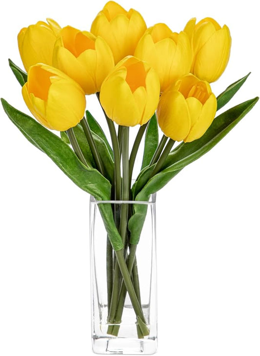 Briful Fake Flowers Artificial Tulip Flower in Clear Vase, Yellow Real Touch Foam Tulip Arrangement Suitable for Home Office Decoration, Dining Table Centerpiece