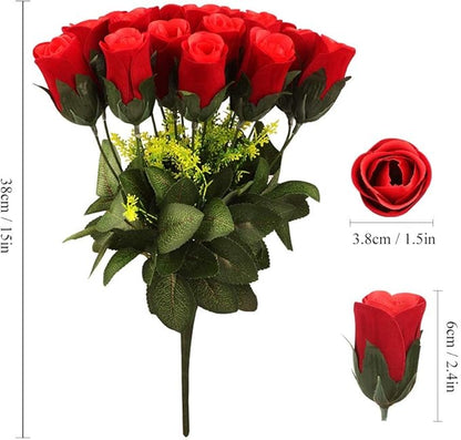 Artificial Rose Flowers Bouquet Burgundy 18 Blooms Long Stem Red Roses Bouquet Artificial Flowers Decoration for Home Table Garden Wedding Anniversary Valentine's Day Mother's Day Decor (A- Red)