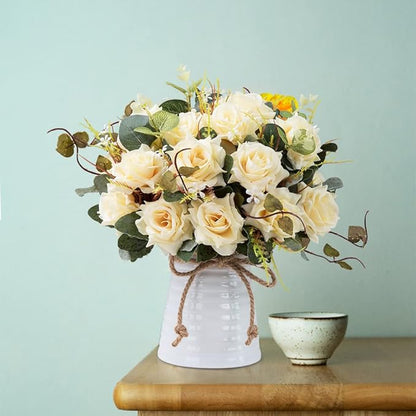 LESING Artificial Rose with Vase, Fake Silk Flowers Bouquets in Vase Table Centerpiece Arrangement for Kitchen Living Room(Champagne-1)