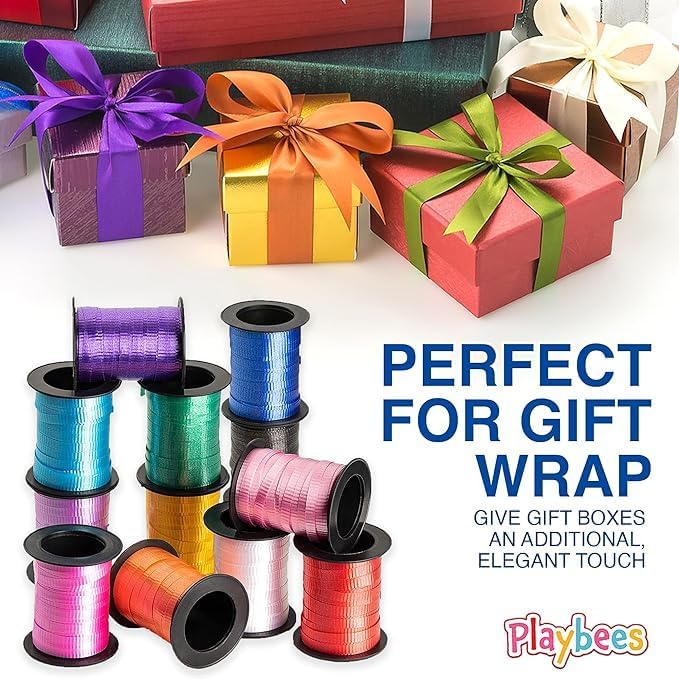 Playbees Curling Ribbon -12-Pack - 60 Foot Rolls - 240 Yards Balloon String Total - Assorted Colors Ribbon for Crafts, Gift Wrapping, Christmas Decorations, String Balloons, Tie Hair & DIY Projects