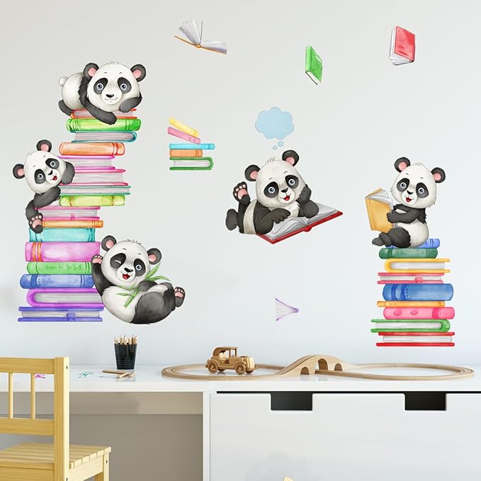 Panda Wall Decals Animals Reading Books Wall Stickers for Baby Nursery Kids Bedroom Classroom Wall Decorations