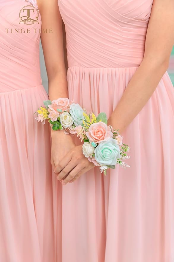 TINGE TIME Set of 2 Wrist Corsage Bracelets Pearl Wristlet Band Bridesmaid Bracelet for Wedding Ceremony Bridal Shower Wedding Artificial Flower Prom (MintGreen&Pink)