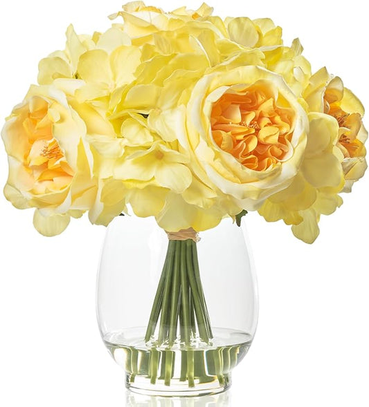 Artificial Flowers in Vase, Silk Austin Rose & Hydrangea Yellow Flowers with Fake Water, Real Touch Fake Flower Arrangements for Home Hotel Office Wedding Dinning Table Centerpiece Decor & Gift