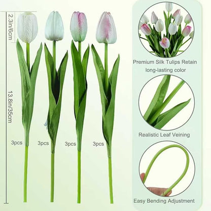 12pcs Tulips Artificial Flowers Real Touch Silk Faux Flowers Tulip Stems for Wedding Spring Bouquet Floral Arrangement Home Party Office Decorations (White & Pink)