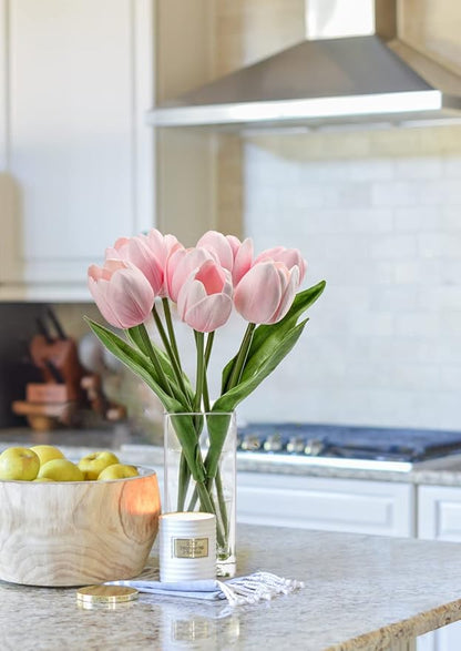 Briful Fake Flowers Artificial Tulip Flower Pink in Clear Vase, Real Touch Foam Tulip Arrangement Suitable for Home Office Decoration, Dining Table Centerpiece