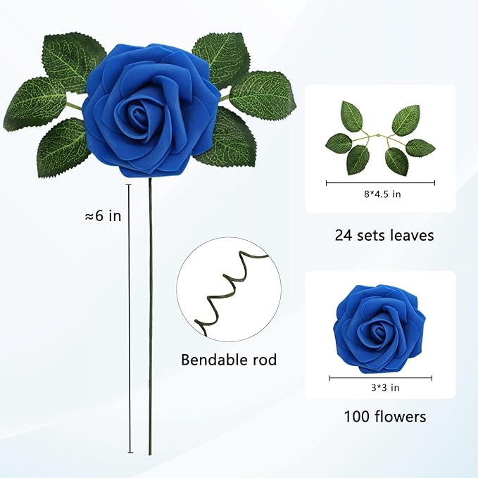 JOYLEX 100Pcs Royal Blue Artificial Flowers Realistic Roses, Real Looking Fake Roses with Stem for DIY Wedding Bouquets Centerpieces Bridal Shower Party Home Romantic Decorations (Blue, 100pcs)